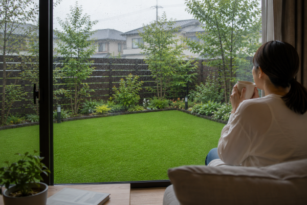 梅雨時期の湿度が高い庭の様子