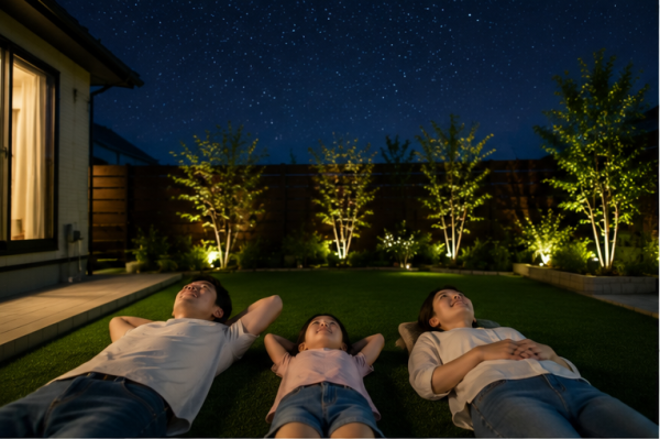 人工芝の庭に寝転びながら星空観察を楽しむ親子